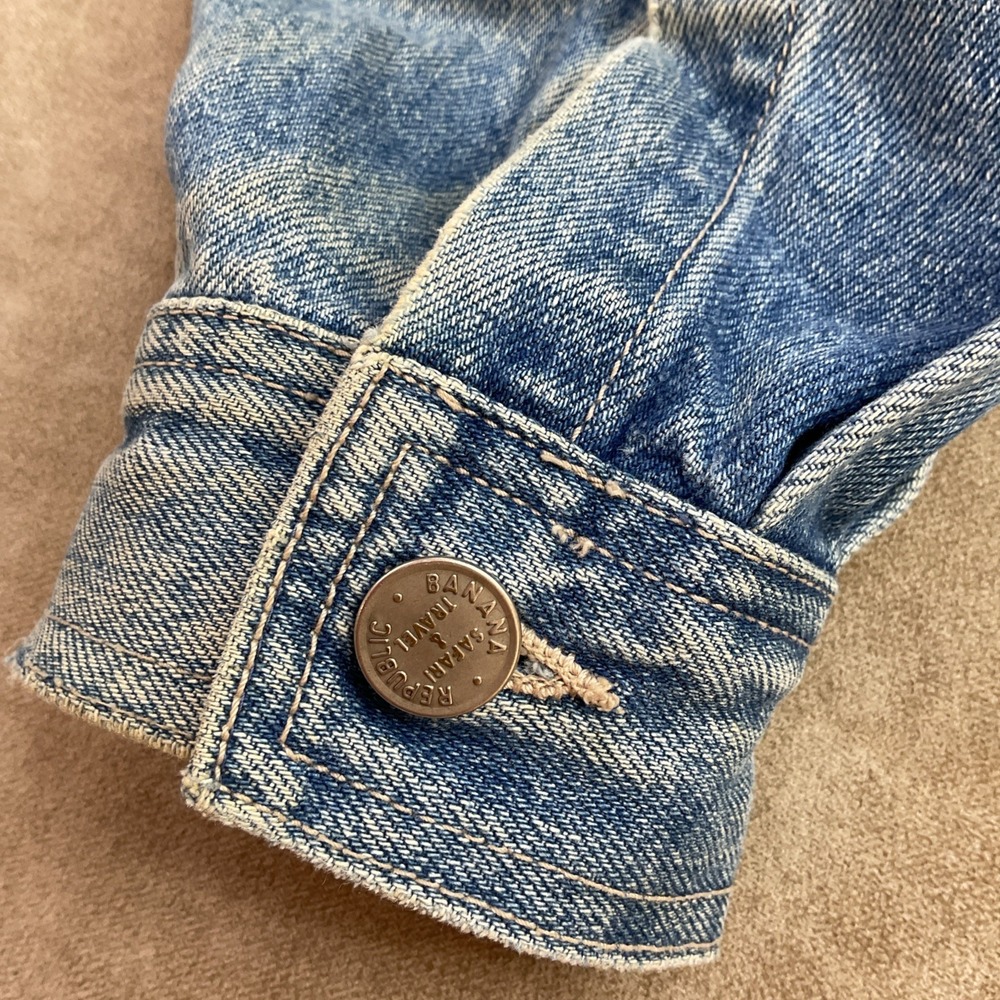 VTG Banana Republic‎ Safari Travel Jean Jacket 90s Denim Leather Trim Trucker L - Picture 5 of 16